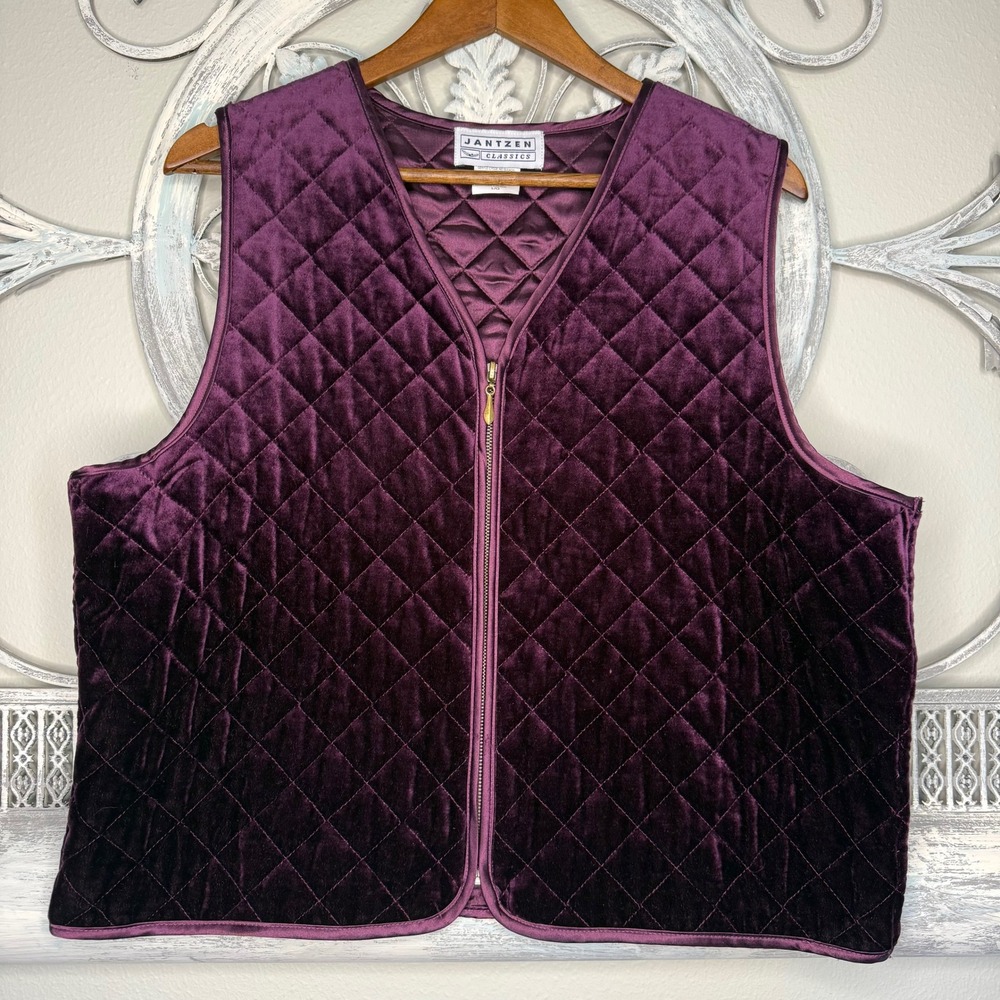 Jantzen Classics Vintage 90s Quilted Velvet Vest Purple Zip Up Large EUC